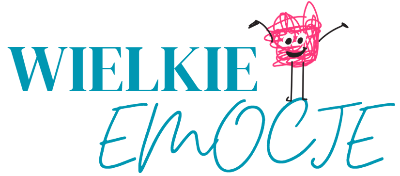 logo napisz Wielkie Emocje oraz postać szczęśliwego różowego ludzika zrobiona z kłębków nitki, które symbolizują splątanie emocii